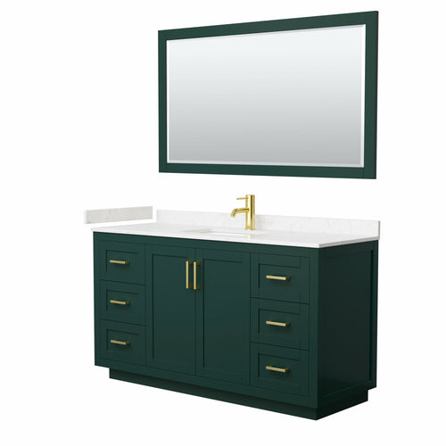 Wyndham Miranda 60 Inch Single Bathroom Vanity in Green, Light-Vein Carrara Cultured Marble Countertop, Undermount Square Sink, Brushed Gold Trim, 58 Inch Mirror- Wyndham