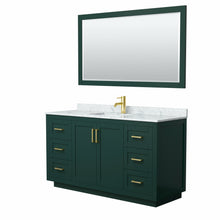 Load image into Gallery viewer, Wyndham Miranda 60 Inch Single Bathroom Vanity in Green, White Carrara Marble Countertop, Undermount Square Sink, Brushed Gold Trim, 58 Inch Mirror- Wyndham