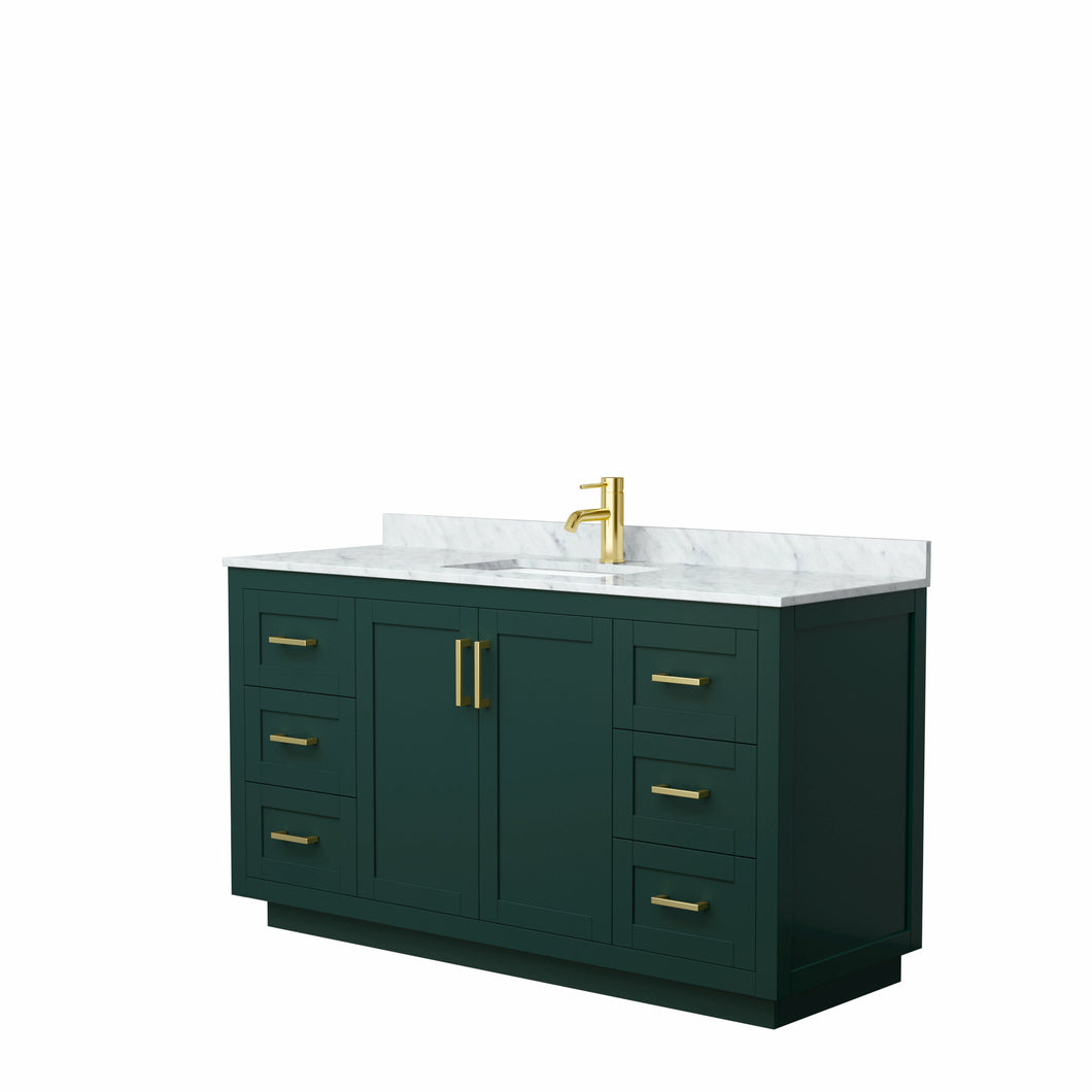 Wyndham Miranda 60 Inch Single Bathroom Vanity in Green, White Carrara Marble Countertop, Undermount Square Sink, Brushed Gold Trim- Wyndham