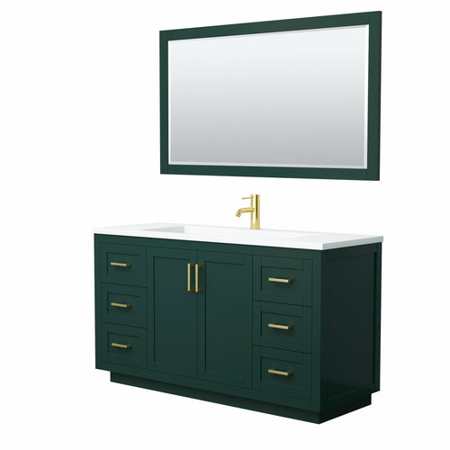 Wyndham Miranda 60 Inch Single Bathroom Vanity in Green, 1.25 Inch Thick Matte White Solid Surface Countertop, Integrated Sink, Brushed Gold Trim, 58 Inch Mirror- Wyndham