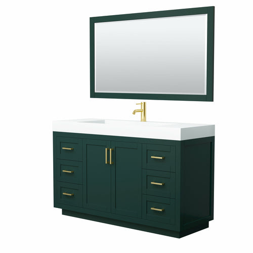 Wyndham Miranda 60 Inch Single Bathroom Vanity in Green, 4 Inch Thick Matte White Solid Surface Countertop, Integrated Sink, Brushed Gold Trim, 58 Inch Mirror- Wyndham