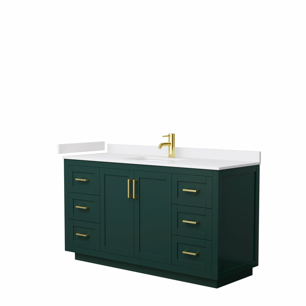 Wyndham Miranda 60 Inch Single Bathroom Vanity in Green, White Cultured Marble Countertop, Undermount Square Sink, Brushed Gold Trim- Wyndham