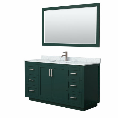 Wyndham Miranda 60 Inch Single Bathroom Vanity in Green, White Carrara Marble Countertop, Undermount Square Sink, Brushed Nickel Trim, 58 Inch Mirror- Wyndham
