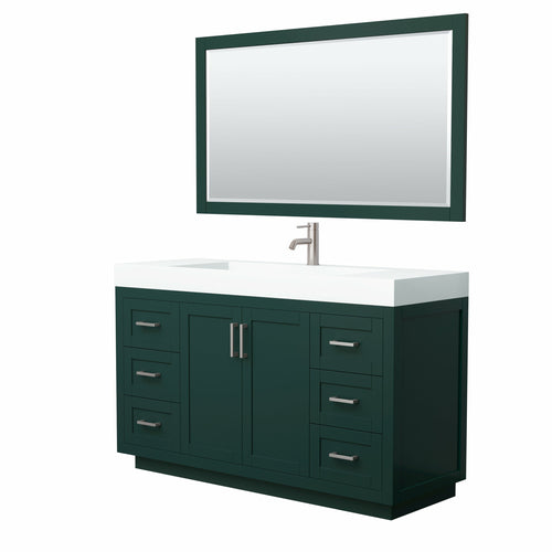 Wyndham Miranda 60 Inch Single Bathroom Vanity in Green, 4 Inch Thick Matte White Solid Surface Countertop, Integrated Sink, Brushed Nickel Trim, 58 Inch Mirror- Wyndham