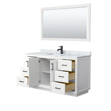 Load image into Gallery viewer, Wyndham Miranda 60 Inch Single Bathroom Vanity in White, White Carrara Marble Countertop, Undermount Square Sink, Matte Black Trim, 58 Inch Mirror- Wyndham