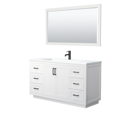 Wyndham Miranda 60 Inch Single Bathroom Vanity in White, 1.25 Inch Thick Matte White Solid Surface Countertop, Integrated Sink, Matte Black Trim, 58 Inch Mirror- Wyndham