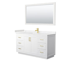 Load image into Gallery viewer, Wyndham Miranda 60 Inch Single Bathroom Vanity in White, Light-Vein Carrara Cultured Marble Countertop, Undermount Square Sink, Brushed Gold Trim, 58 Inch Mirror- Wyndham