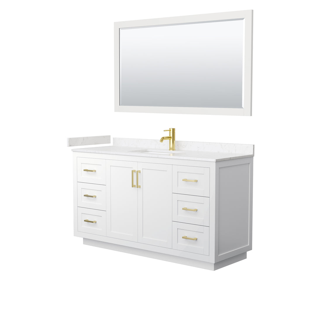 Wyndham Miranda 60 Inch Single Bathroom Vanity in White, Light-Vein Carrara Cultured Marble Countertop, Undermount Square Sink, Brushed Gold Trim, 58 Inch Mirror- Wyndham