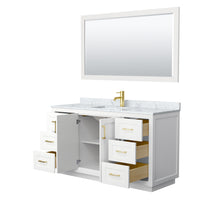 Load image into Gallery viewer, Wyndham Miranda 60 Inch Single Bathroom Vanity in White, White Carrara Marble Countertop, Undermount Square Sink, Brushed Gold Trim, 58 Inch Mirror- Wyndham