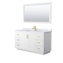 Load image into Gallery viewer, Wyndham Miranda 60 Inch Single Bathroom Vanity in White, White Carrara Marble Countertop, Undermount Square Sink, Brushed Gold Trim, 58 Inch Mirror- Wyndham