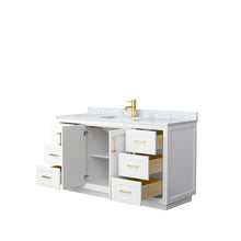 Load image into Gallery viewer, Wyndham Miranda 60 Inch Single Bathroom Vanity in White, White Carrara Marble Countertop, Undermount Square Sink, Brushed Gold Trim- Wyndham
