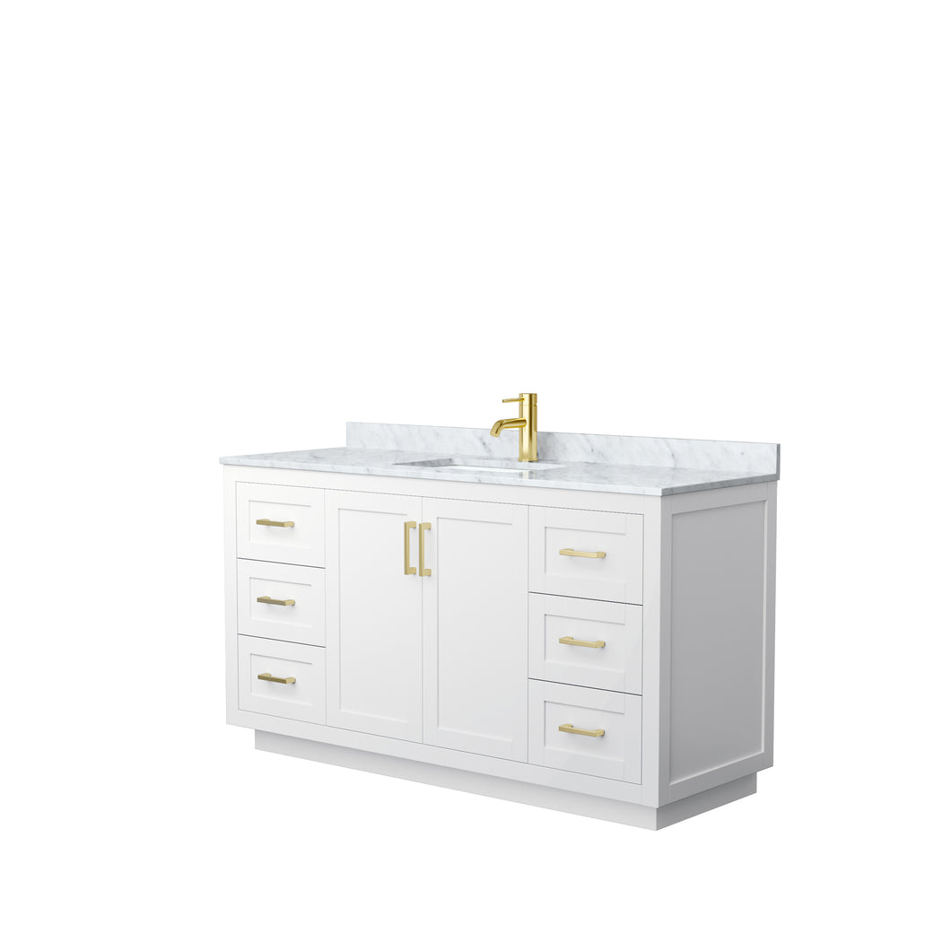Wyndham Miranda 60 Inch Single Bathroom Vanity in White, White Carrara Marble Countertop, Undermount Square Sink, Brushed Gold Trim- Wyndham