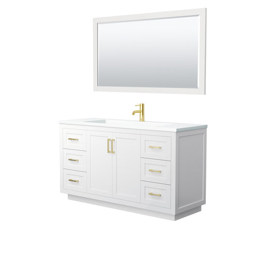 Wyndham Miranda 60 Inch Single Bathroom Vanity in White, 1.25 Inch Thick Matte White Solid Surface Countertop, Integrated Sink, Brushed Gold Trim, 58 Inch Mirror- Wyndham