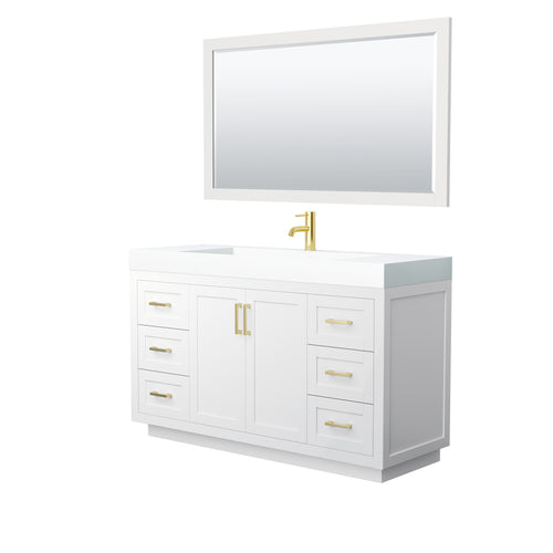 Wyndham Miranda 60 Inch Single Bathroom Vanity in White, 4 Inch Thick Matte White Solid Surface Countertop, Integrated Sink, Brushed Gold Trim, 58 Inch Mirror- Wyndham