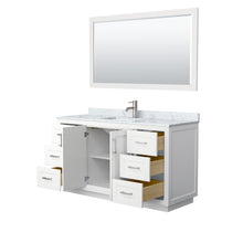 Load image into Gallery viewer, Wyndham Miranda 60 Inch Single Bathroom Vanity in White, White Carrara Marble Countertop, Undermount Square Sink, Brushed Nickel Trim, 58 Inch Mirror- Wyndham