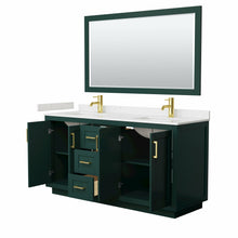 Load image into Gallery viewer, Wyndham Miranda 66 Inch Double Bathroom Vanity in Green, Light-Vein Carrara Cultured Marble Countertop, Undermount Square Sinks, Brushed Gold Trim, 58 Inch Mirror- Wyndham
