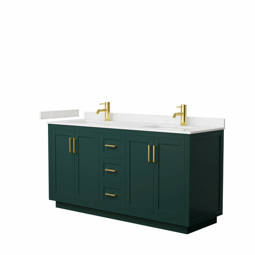 Wyndham Miranda 66 Inch Double Bathroom Vanity in Green, Light-Vein Carrara Cultured Marble Countertop, Undermount Square Sinks, Brushed Gold Trim- Wyndham