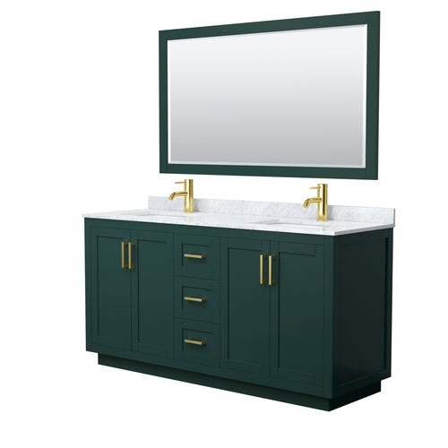 Wyndham Miranda 66 Inch Double Bathroom Vanity in Green, White Carrara Marble Countertop, Undermount Square Sinks, Brushed Gold Trim, 58 Inch Mirror- Wyndham
