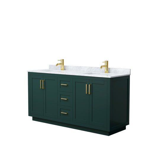 Wyndham Miranda 66 Inch Double Bathroom Vanity in Green, White Carrara Marble Countertop, Undermount Square Sinks, Brushed Gold Trim- Wyndham
