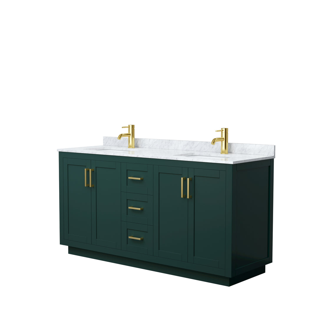Wyndham Miranda 66 Inch Double Bathroom Vanity in Green, White Carrara Marble Countertop, Undermount Square Sinks, Brushed Gold Trim- Wyndham