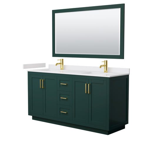 Wyndham Miranda 66 Inch Double Bathroom Vanity in Green, White Cultured Marble Countertop, Undermount Square Sinks, Brushed Gold Trim, 58 Inch Mirror- Wyndham