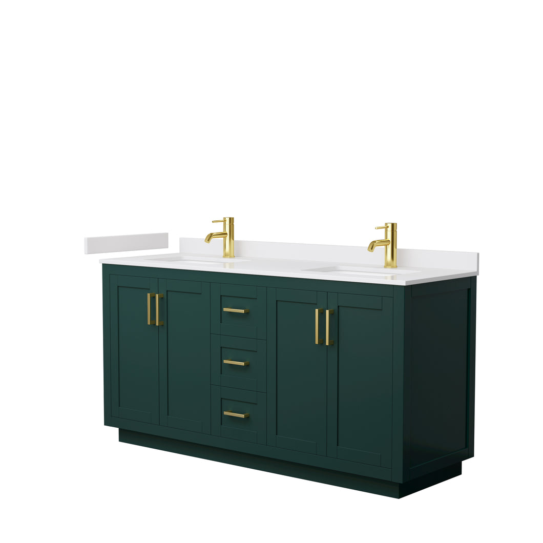 Wyndham Miranda 66 Inch Double Bathroom Vanity in Green, White Cultured Marble Countertop, Undermount Square Sinks, Brushed Gold Trim- Wyndham