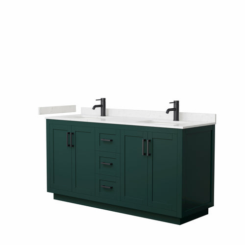 Wyndham Miranda 66 Inch Double Bathroom Vanity in Green, Light-Vein Carrara Cultured Marble Countertop, Undermount Square Sinks, Matte Black Trim- Wyndham