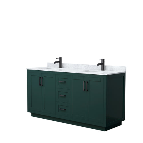 Wyndham Miranda 66 Inch Double Bathroom Vanity in Green, White Carrara Marble Countertop, Undermount Square Sinks, Matte Black Trim- Wyndham