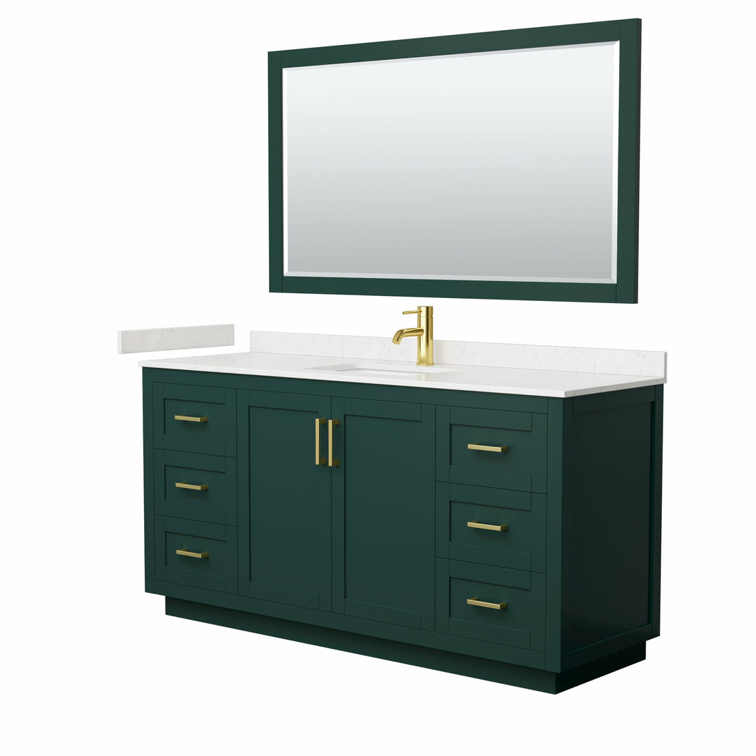 Wyndham Miranda 66 Inch Single Bathroom Vanity in Green, Light-Vein Carrara Cultured Marble Countertop, Undermount Square Sink, Brushed Gold Trim, 58 Inch Mirror- Wyndham