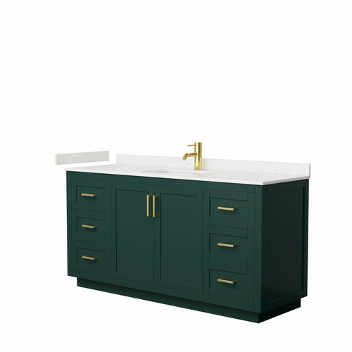 Wyndham Miranda 66 Inch Single Bathroom Vanity in Green, Light-Vein Carrara Cultured Marble Countertop, Undermount Square Sink, Brushed Gold Trim- Wyndham