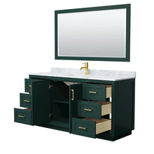 Load image into Gallery viewer, Wyndham Miranda 66 Inch Single Bathroom Vanity in Green, White Carrara Marble Countertop, Undermount Square Sink, Brushed Gold Trim, 58 Inch Mirror- Wyndham