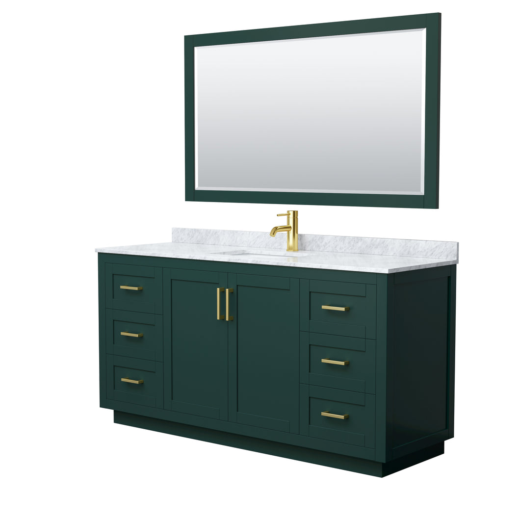 Wyndham Miranda 66 Inch Single Bathroom Vanity in Green, White Carrara Marble Countertop, Undermount Square Sink, Brushed Gold Trim, 58 Inch Mirror- Wyndham