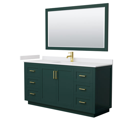 Wyndham Miranda 66 Inch Single Bathroom Vanity in Green, White Cultured Marble Countertop, Undermount Square Sink, Brushed Gold Trim, 58 Inch Mirror- Wyndham