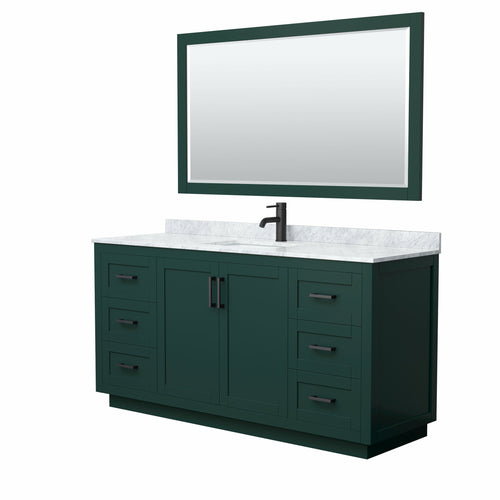 Wyndham Miranda 66 Inch Single Bathroom Vanity in Green, White Carrara Marble Countertop, Undermount Square Sink, Matte Black Trim, 58 Inch Mirror- Wyndham