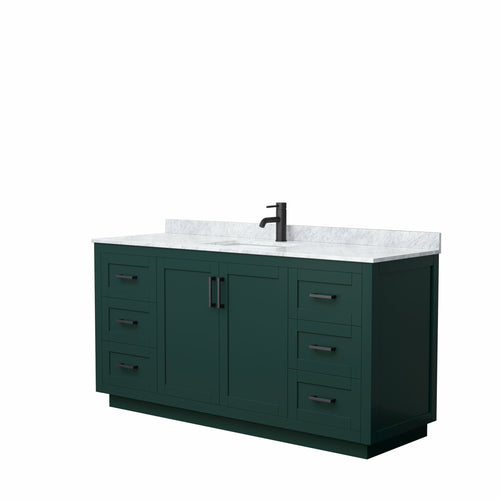 Wyndham Miranda 66 Inch Single Bathroom Vanity in Green, White Carrara Marble Countertop, Undermount Square Sink, Matte Black Trim- Wyndham