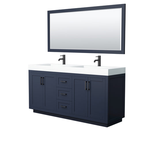 Wyndham Miranda 72 Inch Double Bathroom Vanity in Dark Blue, 4 Inch Thick Matte White Solid Surface Countertop, Integrated Sinks, Matte Black Trim, 70 Inch Mirror- Wyndham
