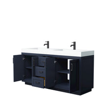 Load image into Gallery viewer, Wyndham Miranda 72 Inch Double Bathroom Vanity in Dark Blue, 4 Inch Thick Matte White Solid Surface Countertop, Integrated Sinks, Matte Black Trim- Wyndham