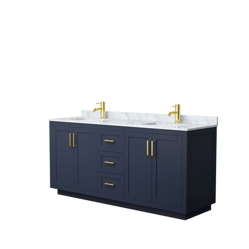 Wyndham Miranda 72 Inch Double Bathroom Vanity in Dark Blue, White Carrara Marble Countertop, Undermount Square Sinks, Brushed Gold Trim- Wyndham