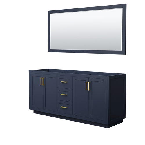 Wyndham Miranda 72 Inch Double Bathroom Vanity in Dark Blue, No Countertop, No Sink, Brushed Gold Trim, 70 Inch Mirror- Wyndham