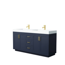 Load image into Gallery viewer, Wyndham Miranda 72 Inch Double Bathroom Vanity in Dark Blue, 4 Inch Thick Matte White Solid Surface Countertop, Integrated Sinks, Brushed Gold Trim- Wyndham