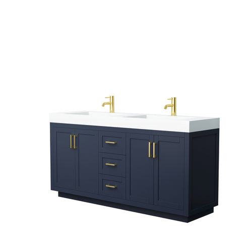 Wyndham Miranda 72 Inch Double Bathroom Vanity in Dark Blue, 4 Inch Thick Matte White Solid Surface Countertop, Integrated Sinks, Brushed Gold Trim- Wyndham