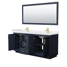 Load image into Gallery viewer, Wyndham Miranda 72 Inch Double Bathroom Vanity in Dark Blue, White Cultured Marble Countertop, Undermount Square Sinks, Brushed Gold Trim, 70 Inch Mirror- Wyndham