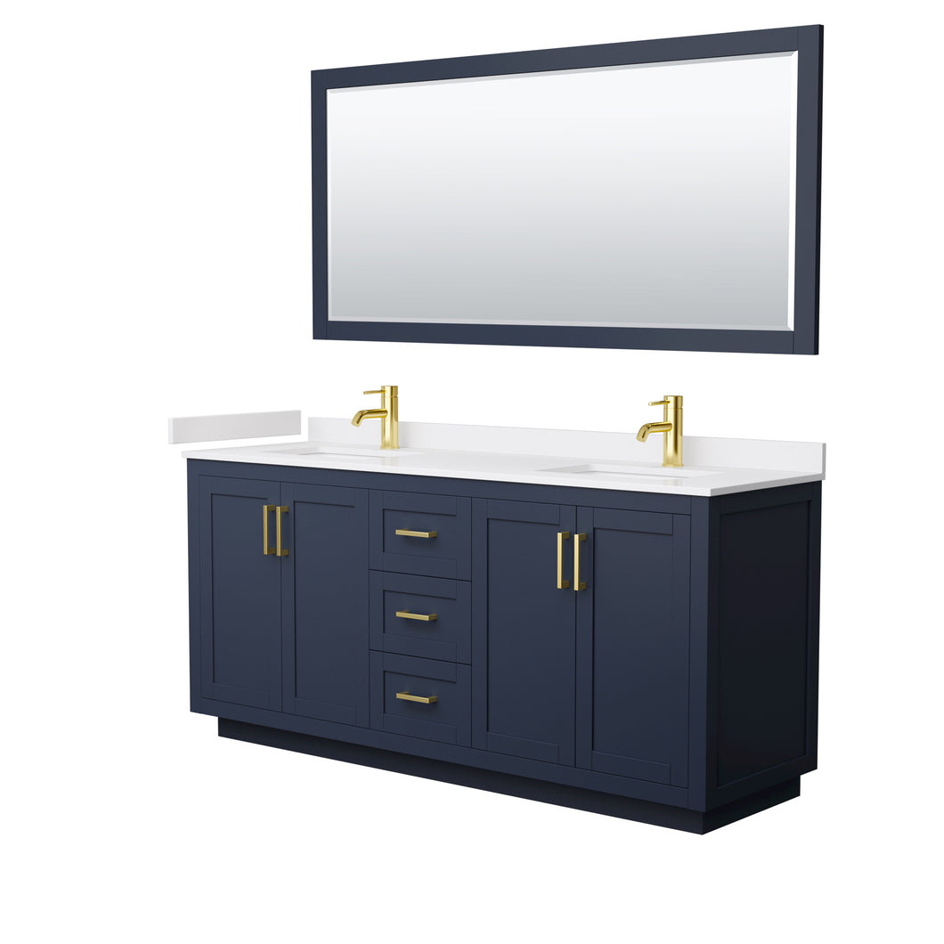Wyndham Miranda 72 Inch Double Bathroom Vanity in Dark Blue, White Cultured Marble Countertop, Undermount Square Sinks, Brushed Gold Trim, 70 Inch Mirror- Wyndham