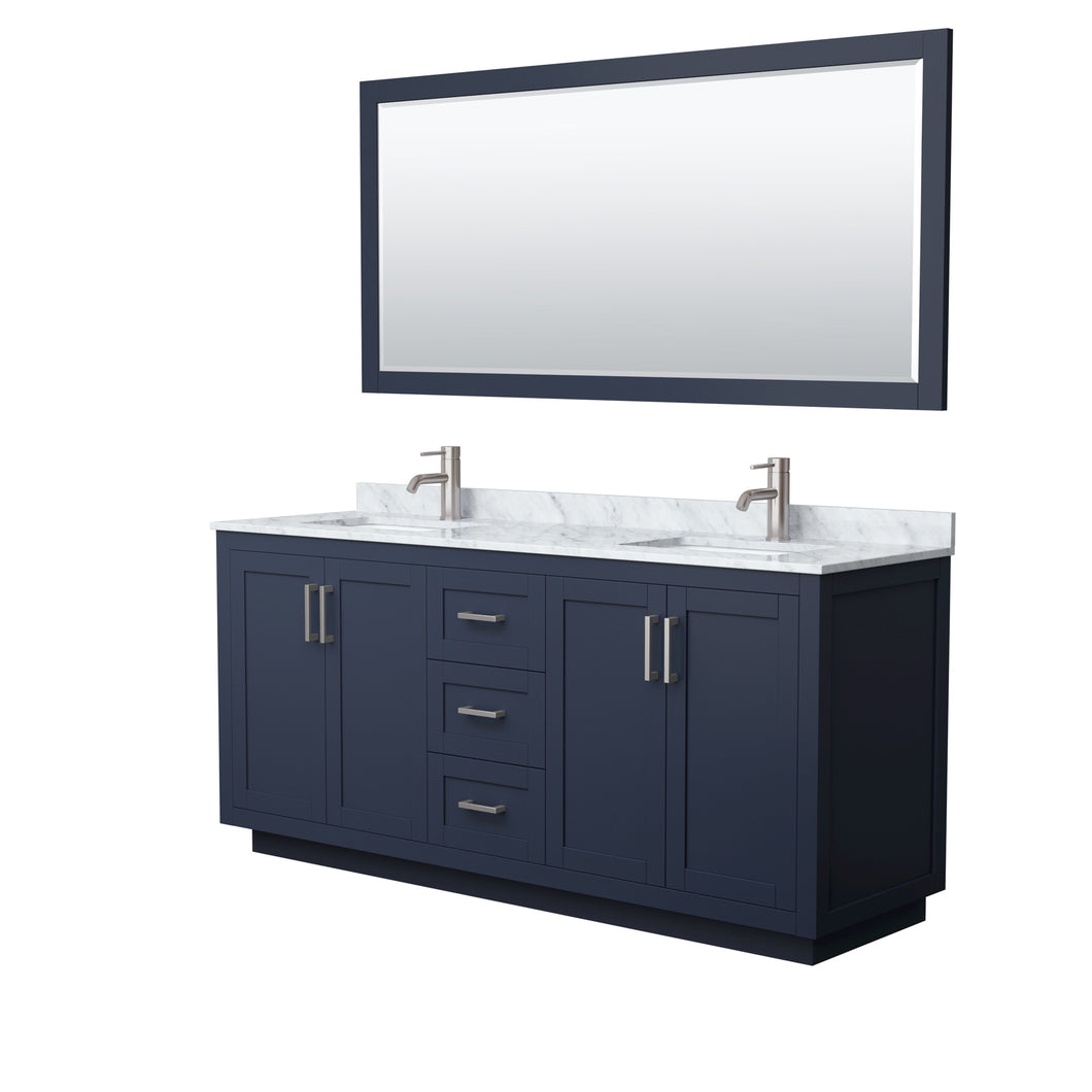 Wyndham Miranda 72 Inch Double Bathroom Vanity in Dark Blue, White Carrara Marble Countertop, Undermount Square Sinks, Brushed Nickel Trim, 70 Inch Mirror- Wyndham