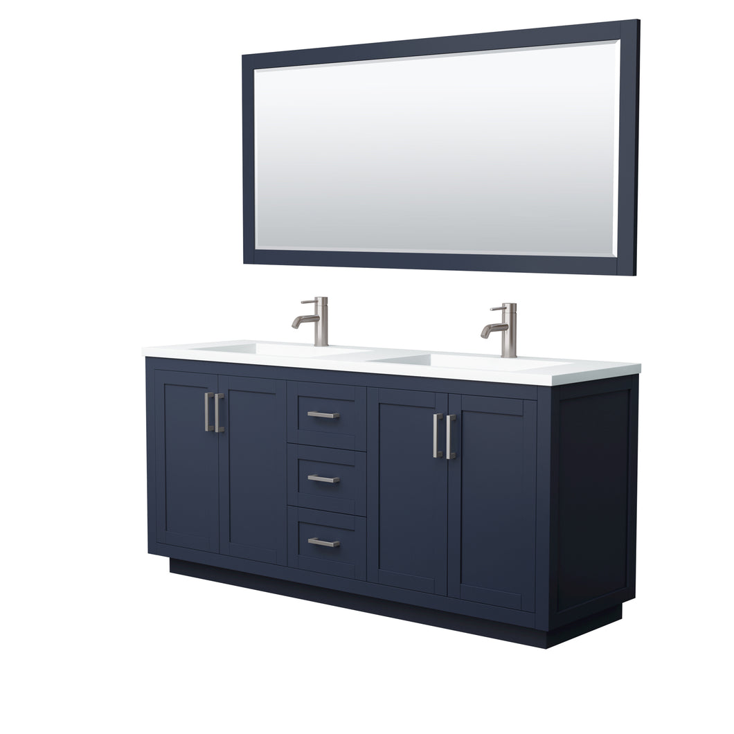 Wyndham Miranda 72 Inch Double Bathroom Vanity in Dark Blue, 1.25 Inch Thick Matte White Solid Surface Countertop, Integrated Sinks, Brushed Nickel Trim, 70 Inch Mirror- Wyndham
