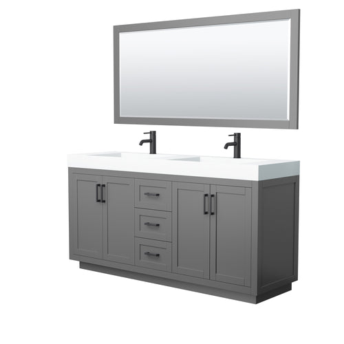Wyndham Miranda 72 Inch Double Bathroom Vanity in Dark Gray, 4 Inch Thick Matte White Solid Surface Countertop, Integrated Sinks, Matte Black Trim, 70 Inch Mirror- Wyndham