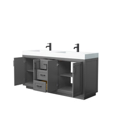 Load image into Gallery viewer, Wyndham Miranda 72 Inch Double Bathroom Vanity in Dark Gray, 4 Inch Thick Matte White Solid Surface Countertop, Integrated Sinks, Matte Black Trim- Wyndham