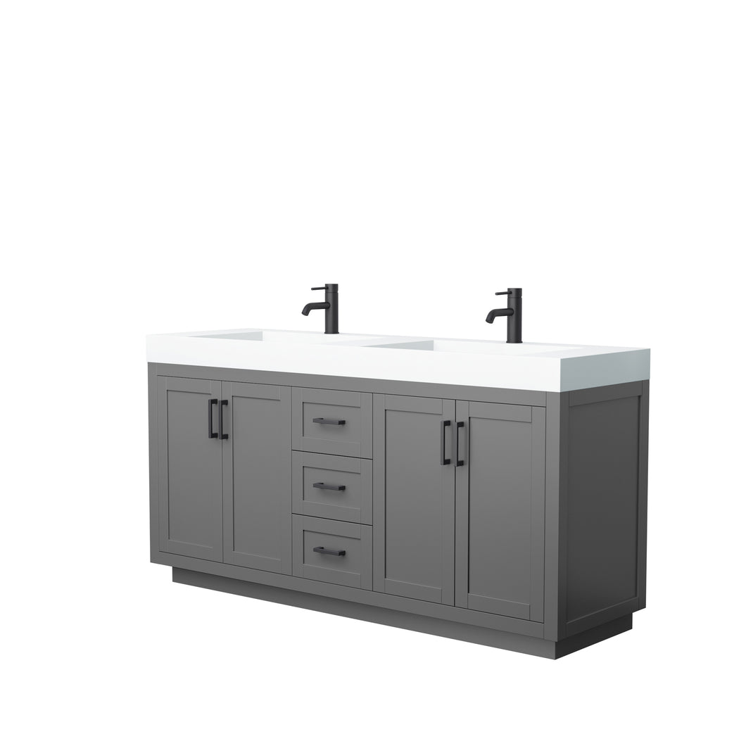 Wyndham Miranda 72 Inch Double Bathroom Vanity in Dark Gray, 4 Inch Thick Matte White Solid Surface Countertop, Integrated Sinks, Matte Black Trim- Wyndham