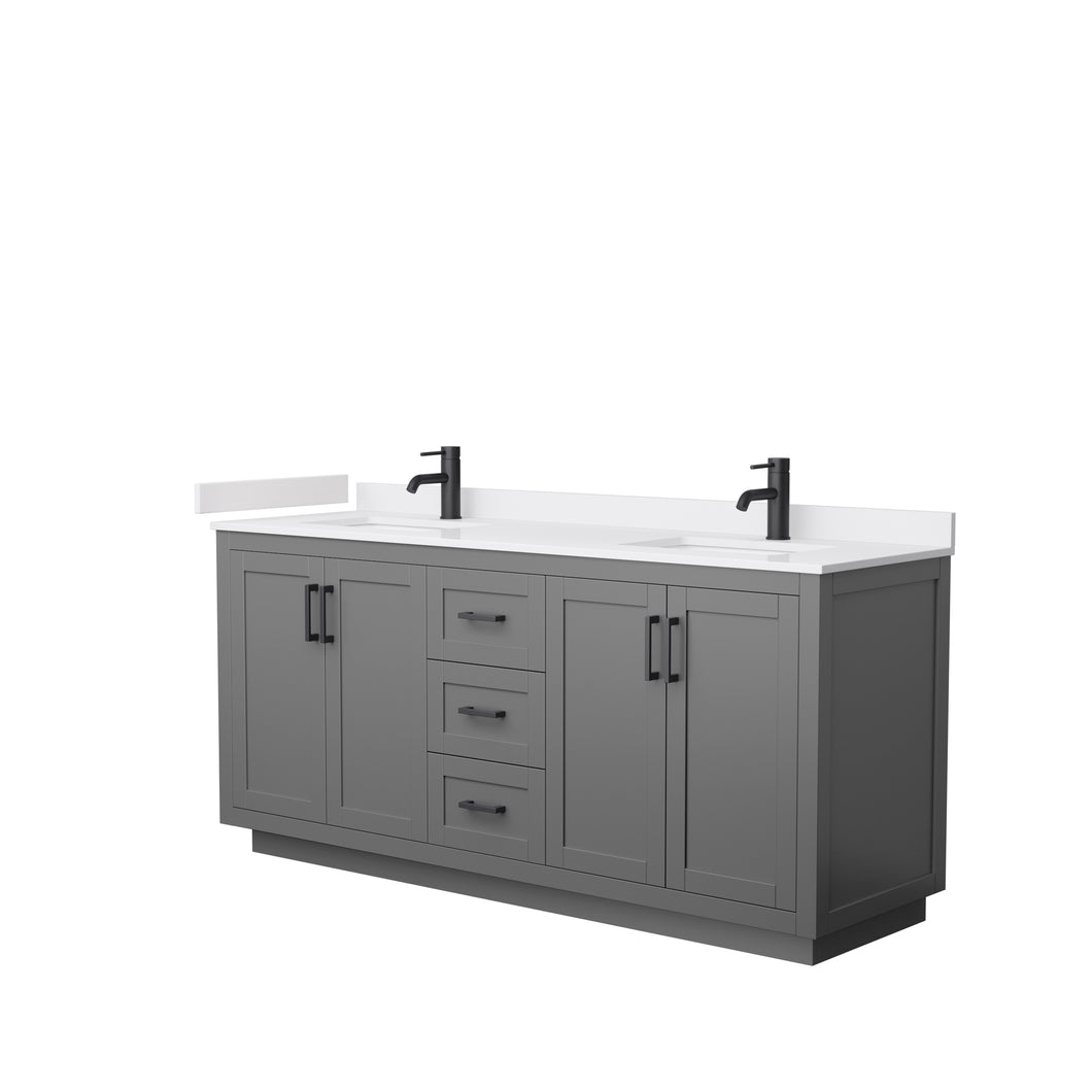 Wyndham Miranda 72 Inch Double Bathroom Vanity in Dark Gray, White Cultured Marble Countertop, Undermount Square Sinks, Matte Black Trim- Wyndham