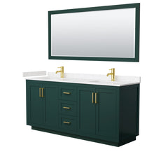 Load image into Gallery viewer, Wyndham Miranda 72 Inch Double Bathroom Vanity in Green, Light-Vein Carrara Cultured Marble Countertop, Undermount Square Sinks, Brushed Gold Trim, 70 Inch Mirror- Wyndham